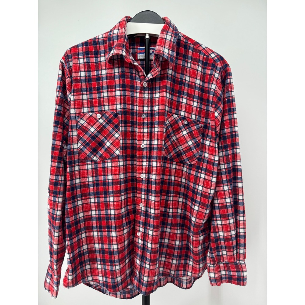 Vintage American Edition Flannel Shirt Mens Large Red Blue Plaid Made in USA